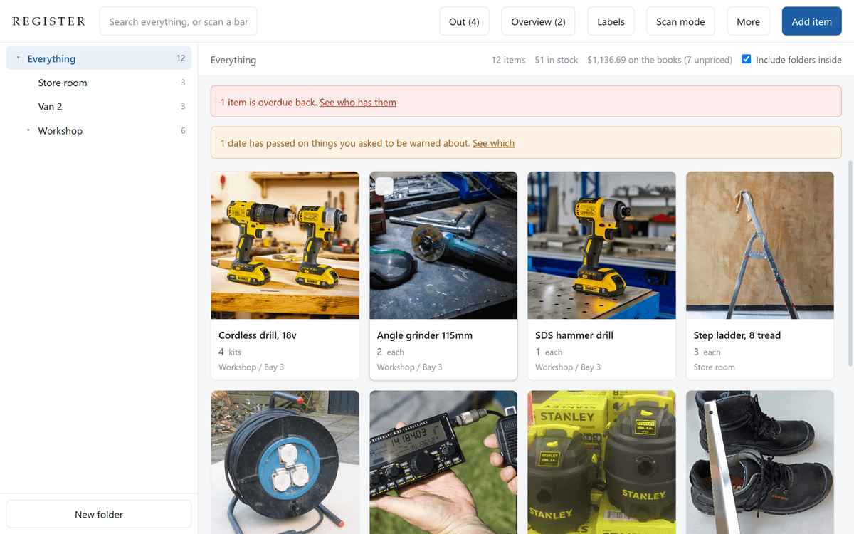 The Asset Register window, listing tools and equipment with where each one lives.