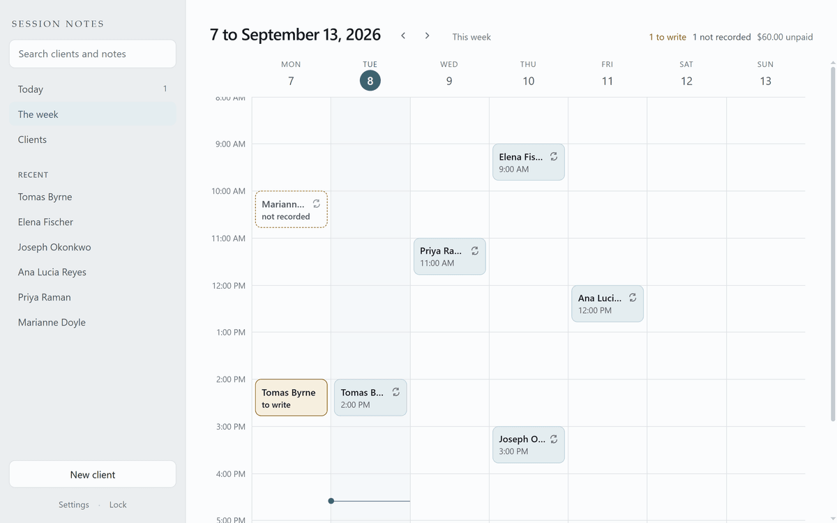The Session Notes week view, showing which appointments still have no note written.