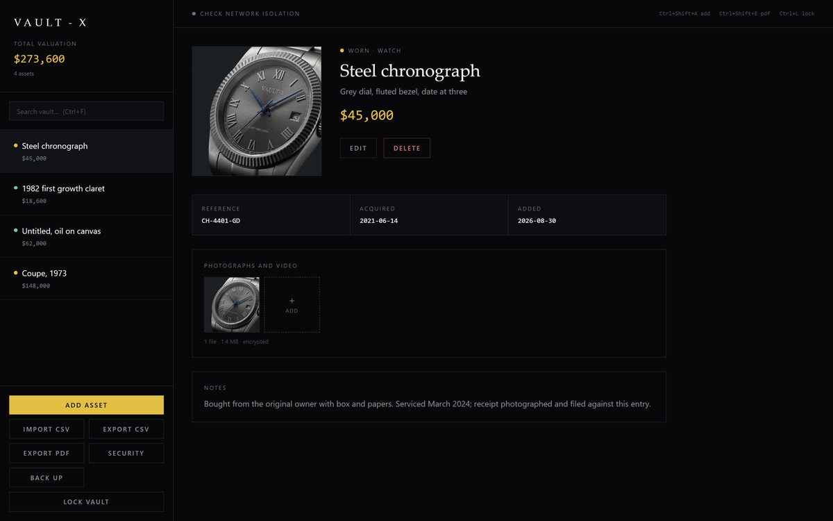 The Vault-X window, an encrypted inventory of a collection with photographs against each item.